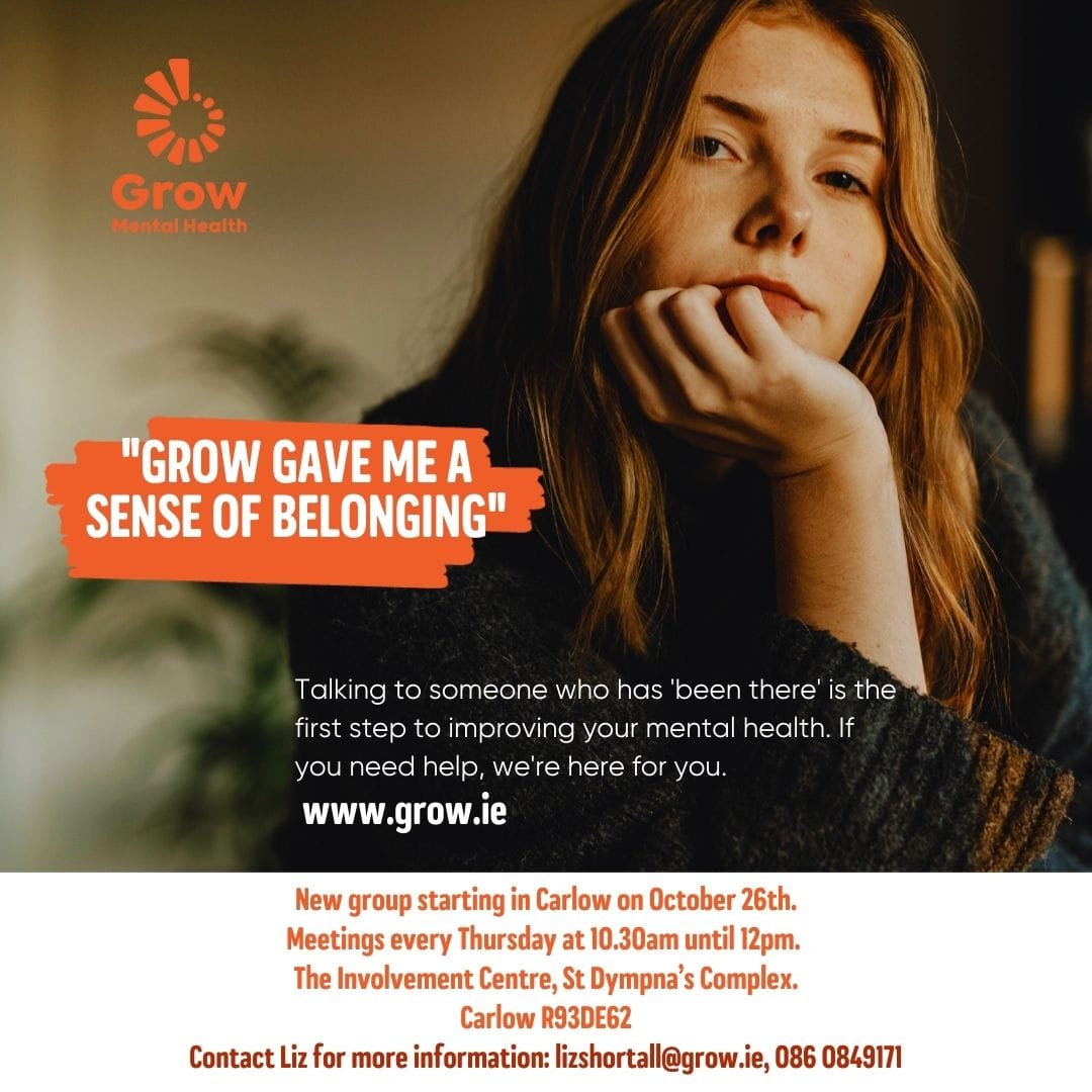 ##GROW is a #mentalhealth organisation who help people who have suffered, or are suffering from mental health problems. #Group meetings every Thursday at 10.30am to 12noon at the Involvement Centre Carlow, St. Dympna's R93DE62 
Call Liz 086 0849171 or email lizshortall@grow.ie