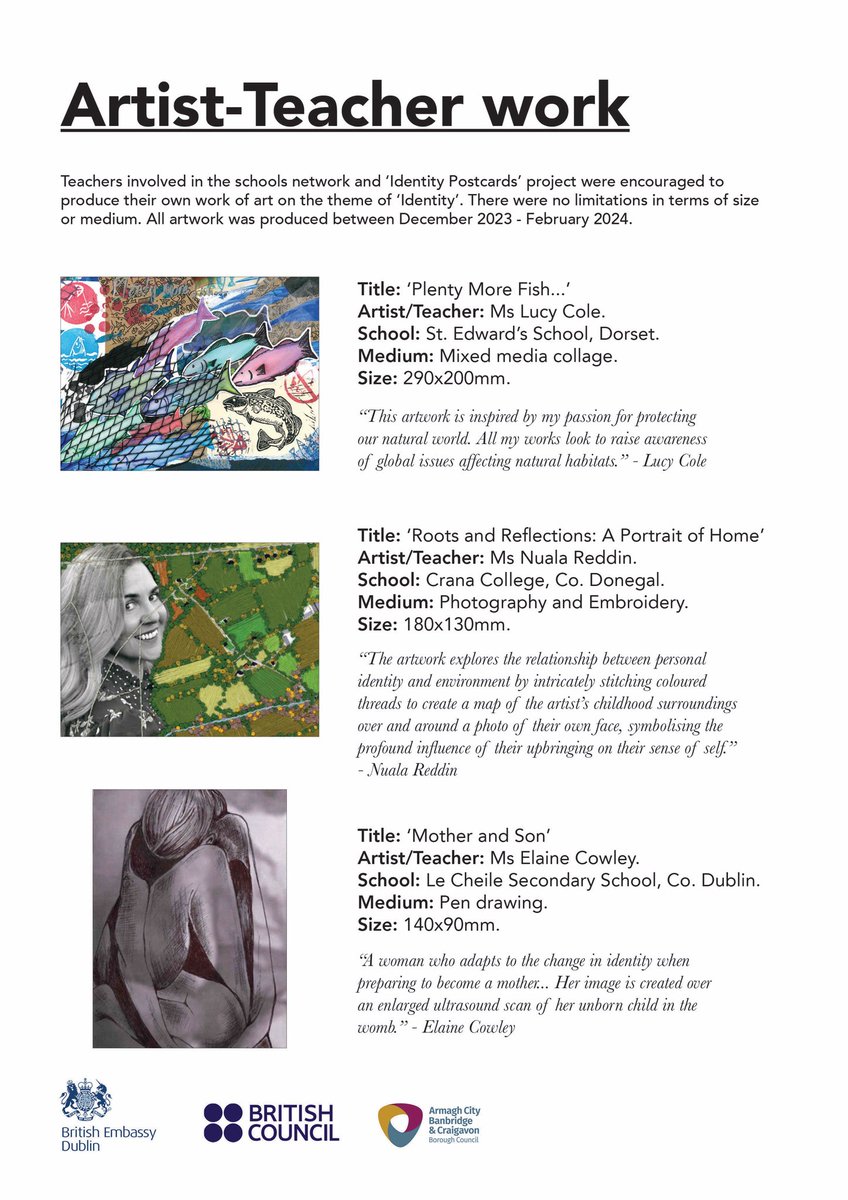 ieBritish's tweet photo. 🌟Delighted to see the incredible artwork created by teachers involved in our #IdentityPostcards Project with @F_Kilkenny and @BritEmbDublin at @FEGALLERY 

🎨See these and over 740 postcards on #identity by students from the UK and Ireland until Feb 10th 2024. https://t.co/4inqCCnZRI