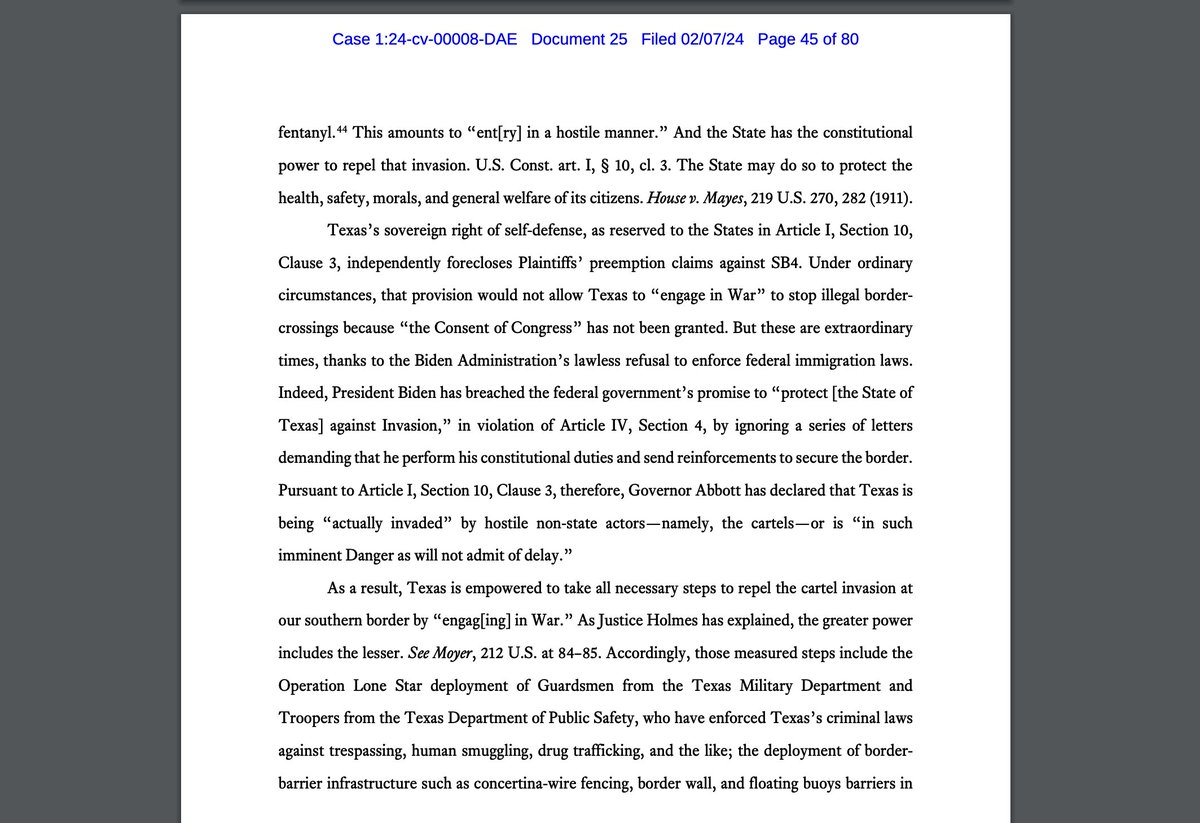 In #SB4 lawsuit filing, TX says it has the constitutional right (Art. 1, Sec. 10, Cla. 3) to repel an invasion 

The judge in this case is David Ezra. When TX used the invasion argument last year in border buoys case, Ezra outright rejected it and called it "breathtaking"
#txlege