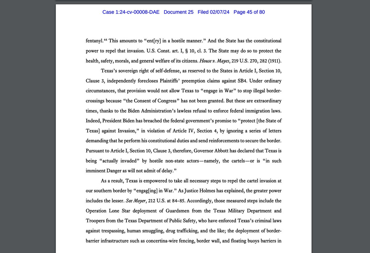 In #SB4 lawsuit filing, TX says it has the constitutional right (Art. 1, Sec. 10, Cla. 3) to repel an invasion The judge in this case is David Ezra. When TX used the invasion argument last year in border buoys case, Ezra outright rejected it and called it 'breathtaking' #txlege