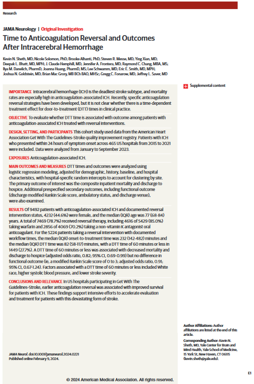 In US hospitals participating in Get With The Guidelines–Stroke, earlier anticoagulation reversal was associated with improved survival for patients with intracerebral hemorrhage. ja.ma/4brb2r3 #ISC24