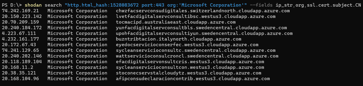 1ZRR4H's tweet photo. 🎯 Hunting #Grandoreiro Infrastructure (1st stage):

▪ Shodan: http.html_hash:1528083672 port:443 org:"Microsoft Corporation'" 
▪ Censys: services.http.response.body_hash="sha1:b6306fe94c164053882259f3d3105e6c4519bf81" and services.port=`443` and autonomous_system.name=`MICROSOFT-CORP-MSN-AS-BLOCK`

Current servers and domains:
- 74.242.169.21   chwzfacservconsudigitales[.]switzerlandnorth[.]cloudapp[.]azure[.]com
- 20.150.223.142  lvetfacdigitalservconsultibsc[.]westus3[.]cloudapp[.]azure[.]com
- 20.70.209.159   tocmacipd[.]australiaeast[.]cloudapp[.]azure[.]com
- 20.240.184.172  yunfacdigitalservconsultbls[.]swedencentral[.]cloudapp[.]azure[.]com
- 4.223.67.111    upohfacdigitalservconsultiyun[.]swedencentral[.]cloudapp[.]azure[.]com
- 4.232.161.177   buzntribtacion[.]italynorth[.]cloudapp[.]azure[.]com
- 20.172.67.43    eyedocservicioconserfec[.]westus3[.]cloudapp[.]azure[.]com
- 74.241.129.65   sycleanservicioconsultc[.]swedencentral[.]cloudapp[.]azure[.]com
- 20.240.202.146  wattservicioconsulcroncl[.]swedencentral[.]cloudapp[.]azure[.]com
- 20.118.189.104  efacdigitalservonsultcris[.]westus3[.]cloudapp[.]azure[.]com
- 20.168.11.2     sycleanservicioconsultcon[.]westus3[.]cloudapp[.]azure[.]com
- 20.38.35.121    stoconecservstalcloudytz[.]westus3[.]cloudapp[.]azure[.]com
- 20.168.104.96   afipconsudeclaracioncontrib[.]westus3[.]cloudapp[.]azure[.]com