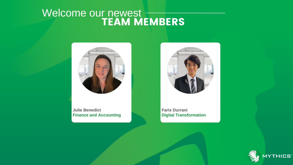 Mythics's tweet image. Please join us in welcoming our newest members, Julie Benedict, Finance and Accounting and Faris Durrani, Digital Transformation.

Welcome to Mythics!

#newhire #Mythics