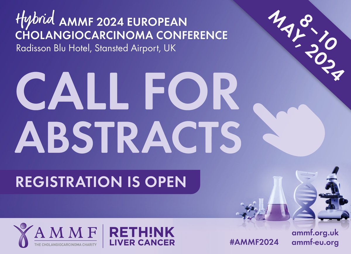 CharityAMMF's tweet image. Join us at #AMMF’s Hybrid 2024 European #Cholangiocarcinoma Conference! We are calling for abstracts from all areas of CCA diagnosis, research and treatment.  

To find out more, visit: ammf.org.uk/ammf-conferenc…

#CCAAwarenessMonth #AMMF2024 #cholangiocarcinoma