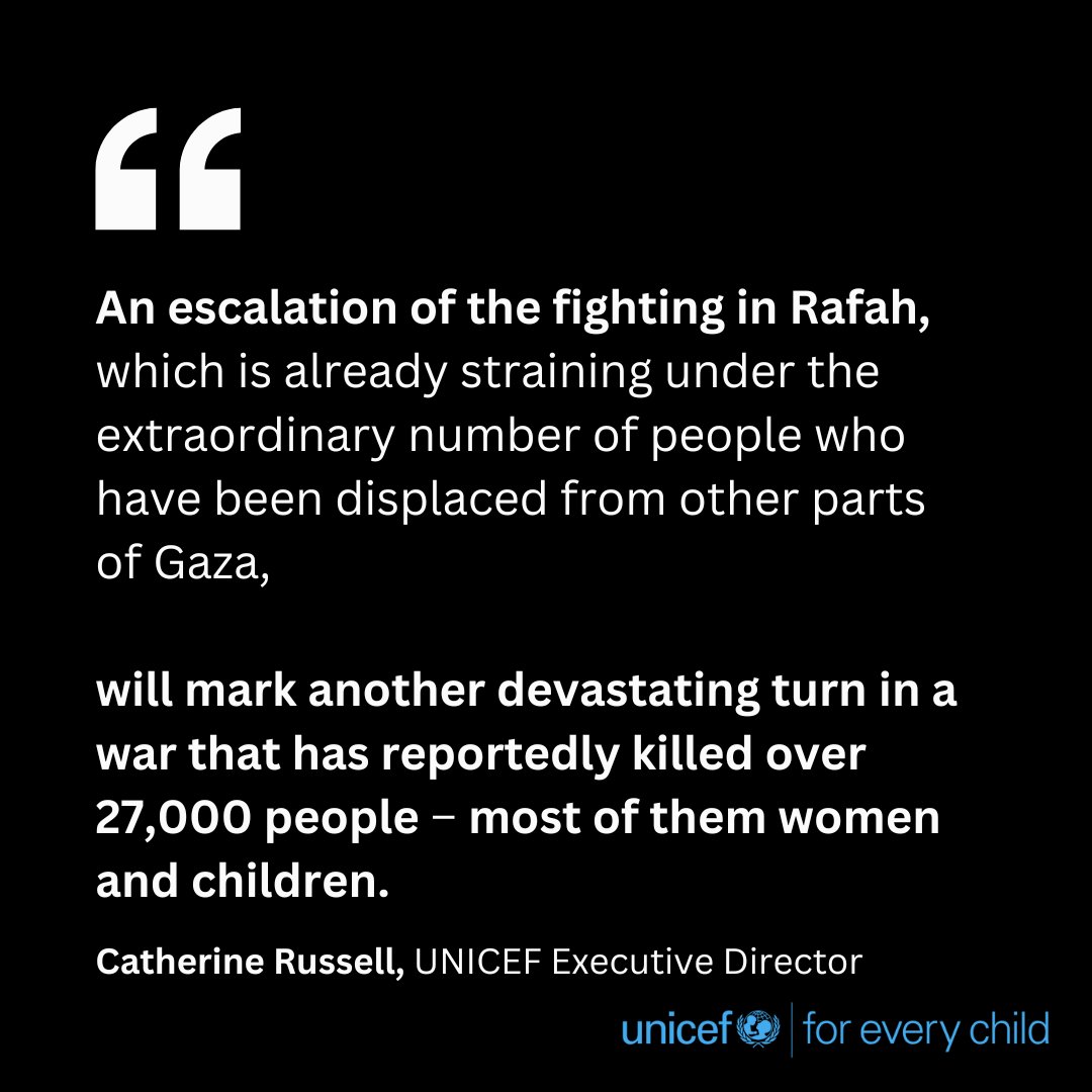Statement by UNICEF Executive Director Catherine Russell on Rafah, #Gaza : bit.ly/3wdnHOf