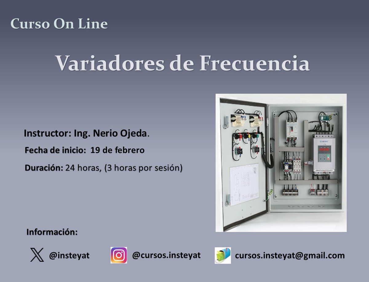 prof_ojeda's tweet photo. El participante logrará identificar los parámetros y 
variables para el funcionamiento de los variadores de frecuencia en el control 
de la velocidad y potencia de un motor de inducción.

Mayor información en el siguiente enlace https://t.co/Ab2oFmT3ut https://t.co/Wn9eZPYTzA