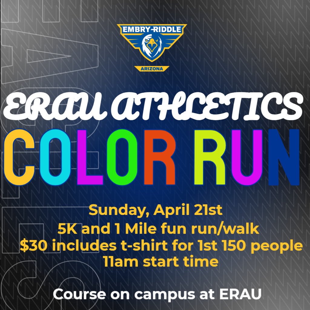 Embry-Riddle Athletics is proud to be hosting a color run on campus this spring! Participants have the option of doing a 5K course or 1 mile course around ERAU. Every 1K a different color powder will be thrown on participants! eraueagles.com/d/Fan_Central/…