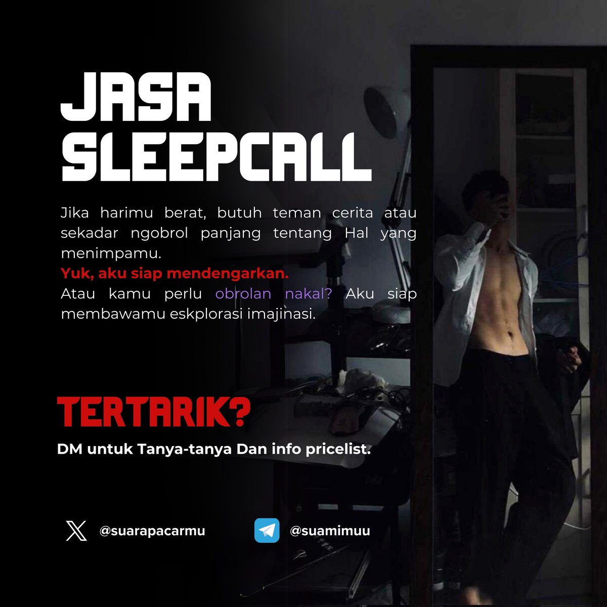 Jasa Sleepcall

Jika harimu berat, sini cerita biar aku mendengarkan.

#JasaSleepcall #Jasaphonesexgay #JasaPhonesex #PhonesexGay #GayBandung #gayjakarta #GayJogja #GayMalang #gaybekasi