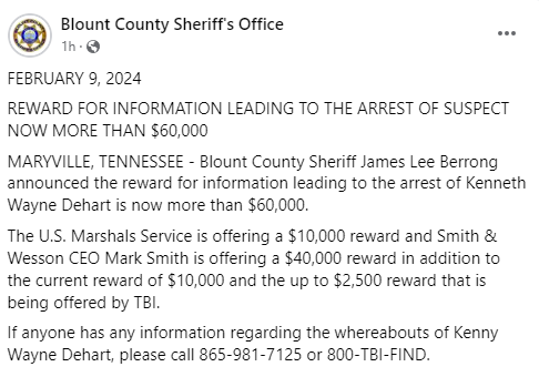 TBInvestigation's tweet photo. NEW: Here's an update from the Blount County Sheriff's Office regarding the reward for information leading to the arrest of Kenneth DeHart. #TNBlueAlert #TNMostWanted https://t.co/gXhNU5Mwth
