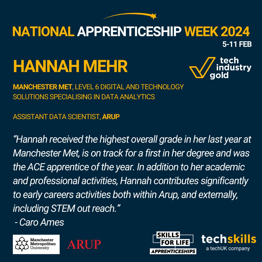 Congratulations to Hannah Mehr, studying at Manchester Metropolitan University and working as Assistant Data Scientist at ARUP. Nominated by Caro Ames for achieving the highest overall grade in your last year of Study! Also for the difference you make to early careers activities!