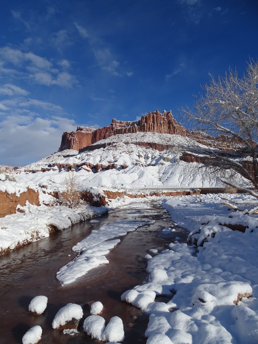 Road update: The Scenic Drive, Grand Wash, Capitol Gorge, and Pleasant Creek roads are closed due to 5 inches of snow and ice last night. Use precaution when driving HWY24 to enter the park. NPS-A.Smithkin.