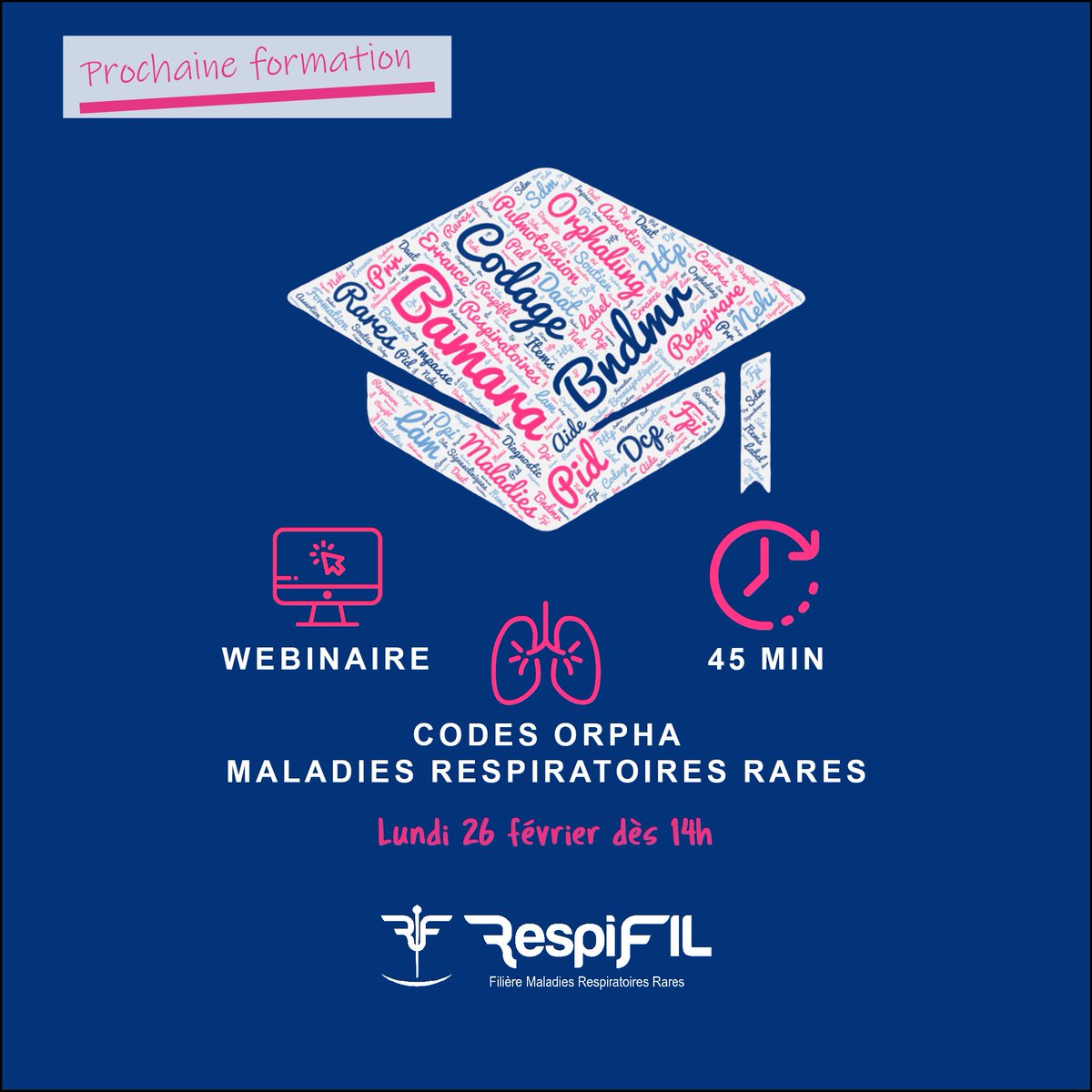 RespiFIL's tweet photo. 🗓🎓 [#formation #BaMaRa] : bonnes pratiques de #codage pour les données de santé des #patients suivis dans les centres @OrphaLung @PulmoTension et @RespiRare_FR.
 
🗓  lundi 26/02
👨‍💻 en ligne, dès 14h
⏳️ 45 min et + selon vos ❓️
✅️ : https://t.co/uZYtW9Y2BO https://t.co/erppc76UIB