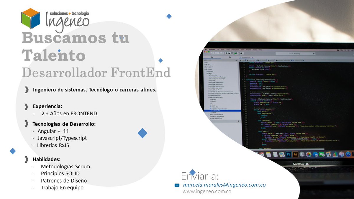 IngeneoSAS's tweet photo. Estamos en búsqueda de un Desarrollador FrontEnd. Enviar hoja de vida a marcela.morales@ingeneo.com.co
 #ingeneo #trabajosihay #empleo #ofertalaboral #vacantes #software #FrontEnd #Angular #javascript #typescript https://t.co/1K2MGsvmMU