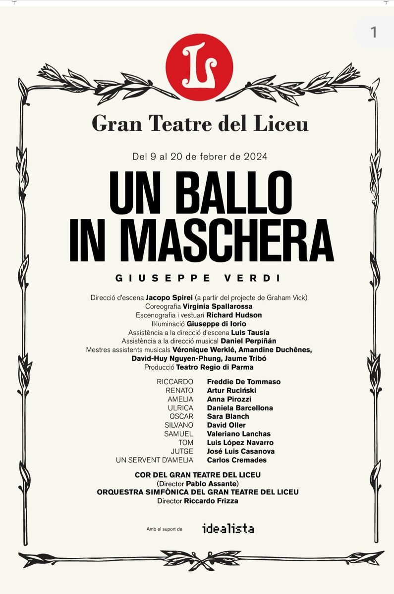 Fra poche ore si aprirà sipario del @Liceu_cat sulle note del Preludio del #balloinmaschera di G.Verdi.
Uno spettacolo elegante per la direzione di @JacopoSpirei, che ammiro molto.
#FreddieDeTommaso #AnnaPirozzi #ArturRucinski @SaraBlanch_SB