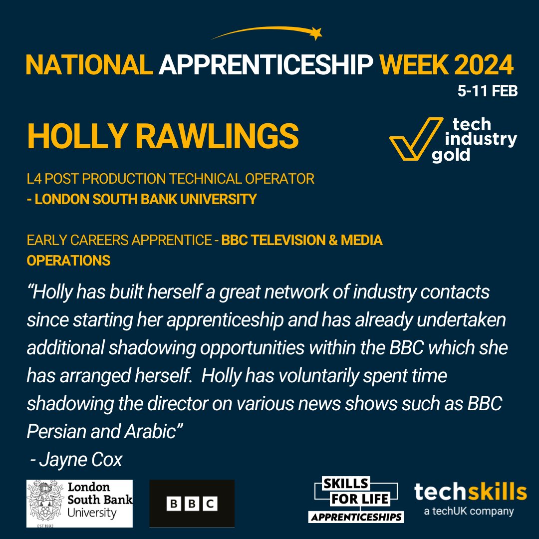 Congratulations to Holly Rawlings, studying at London South Bank University and working as a Early Careers Apprentice at the BBC. Nominated by Jayne Cox for building a network of industry contacts and for arranging to shadow news shows to create new opportunities!