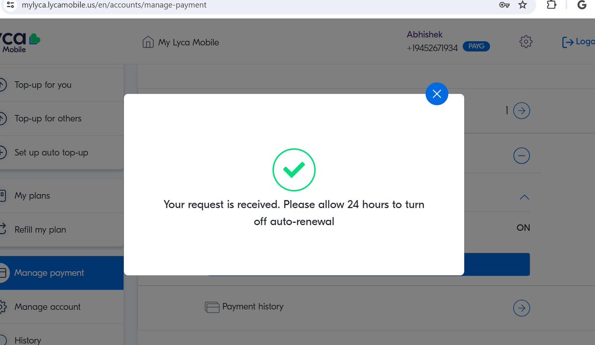 singhabhon's tweet photo. @LycamobileUSA is running a fraud website. When you try to cancel the auto pay after logging into website, it gives you a confirmation but in real the auto pay does not get cancelled. Every month money gets deducted and that’s what happened with me. 1/2 https://t.co/atPxfgjYMS