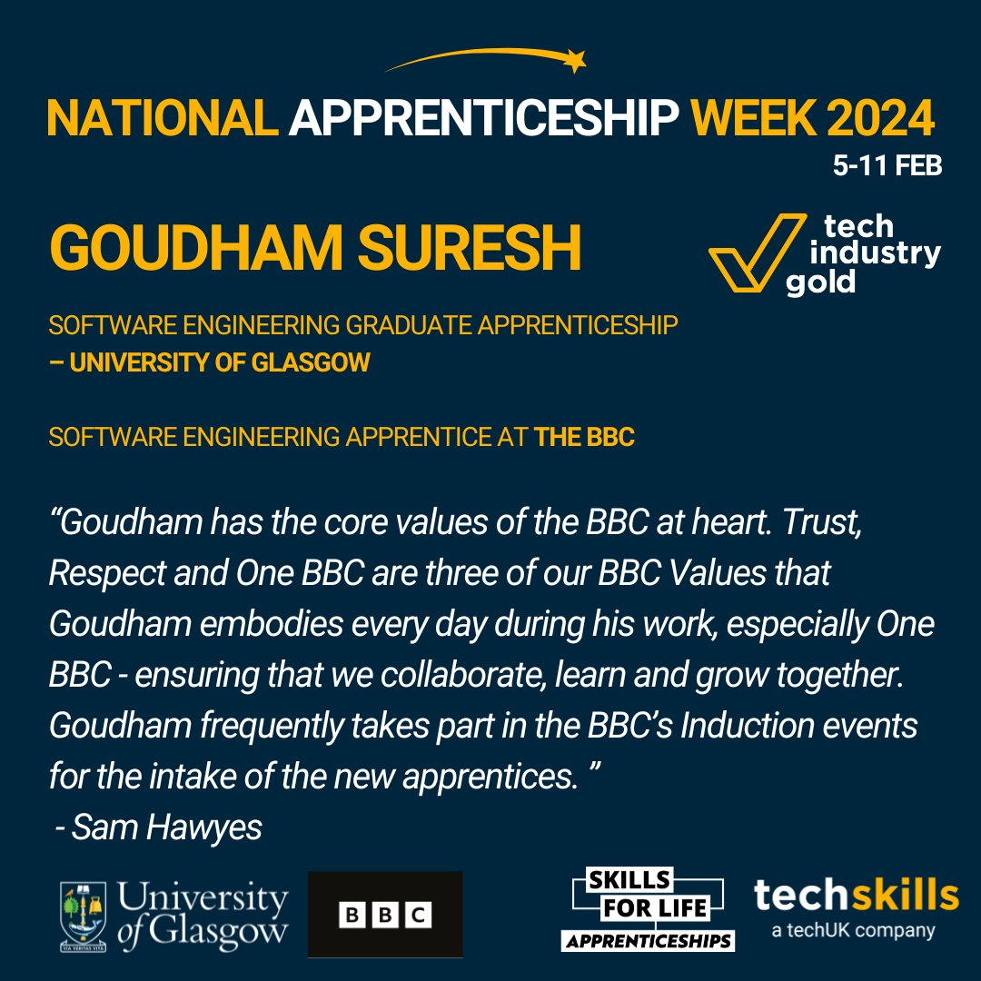 Congratulations to Goudham Suresh, studying at University of Glasgow and working as a Software Engineering Apprentice at the BBC. Nominated by Sam Hawyes for displaying the One BBC values every day at work, ensuring collaboration with colleagues!