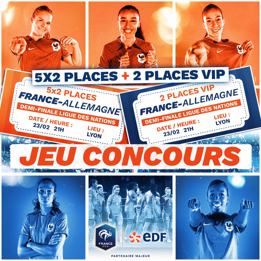 EDF_Foot's tweet photo. 🎟 JEU CONCOURS 🎟

Les Bleues sont de retour pour la demi-finale de la Ligue des Nations face à l'Allemagne 🔥 Nous vous proposons de remporter 12 places dont 𝒅𝒆𝒖𝒙 𝒑𝒍𝒂𝒄𝒆𝒔 𝑽𝑰𝑷 pour assister à la rencontre 😍

Pour participer :
1️⃣ RT ce tweet
2️⃣ Follow @energiedufoot https://t.co/eDLQZd4CFz