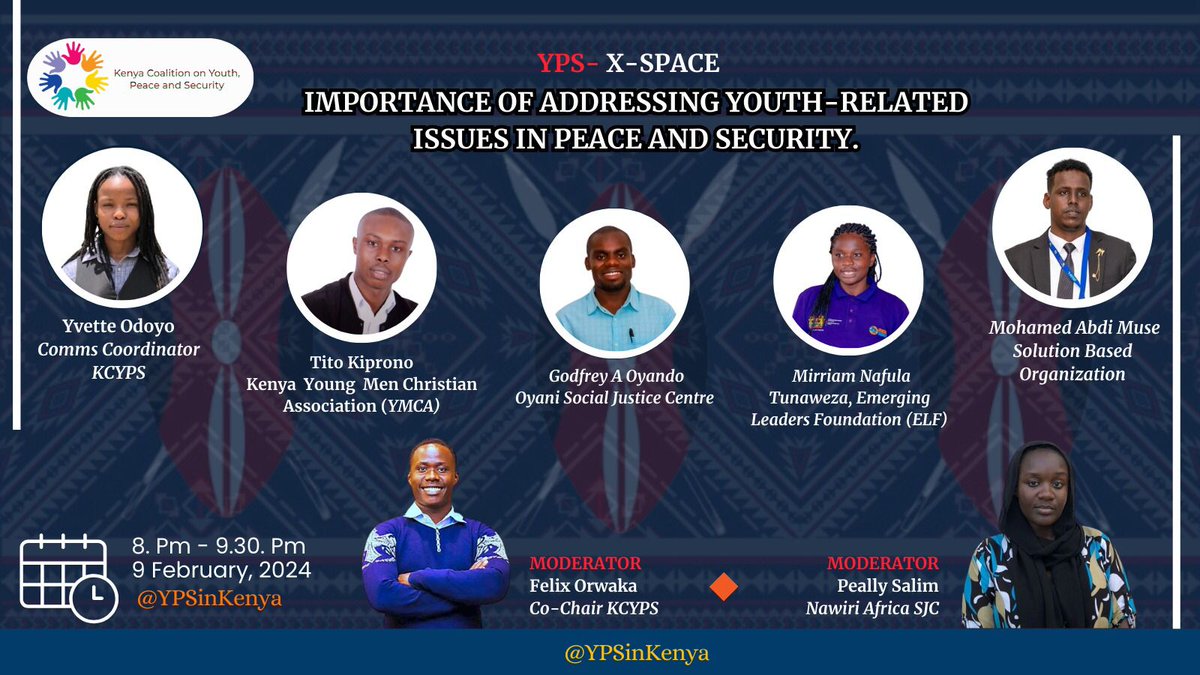 kiprono_tk's tweet photo. Join us tonight for a crucial conversation on "The Importance of Addressing Youth-Related Issues in Peace and Security." 🌍🕊️
Let's engage in meaningful dialogue together! 🗣️

#YPSAgenda #UNSCR2250
#YouthForPeace #TwitterSpace #YouthTalks 🌐✨

https://t.co/qdMm5hflH3 https://t.co/lrOzKmKPS1