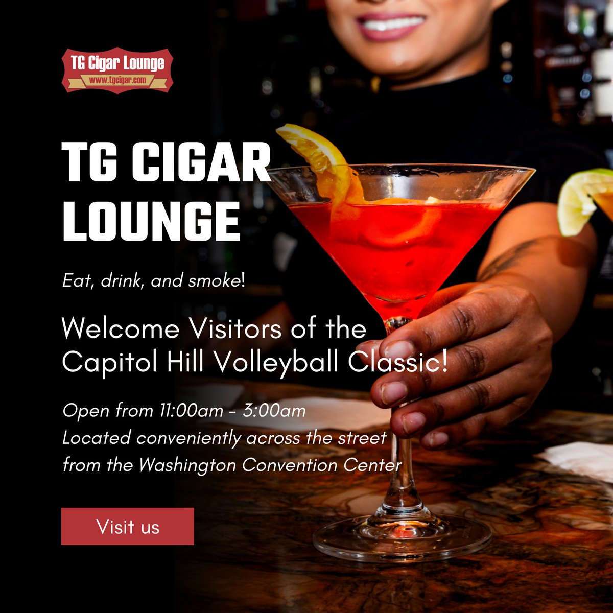 TG Cigar wants to welcome cigar loving moms & dads visiting for the Capitol Hill Volleyball Classic to stop by our lounge for some curated cocktails, food & a smoke this weekend! tgcigar.com 

#cigarlounge #cigars #washingtonconventioncenter #cigarlover #dcfoodie