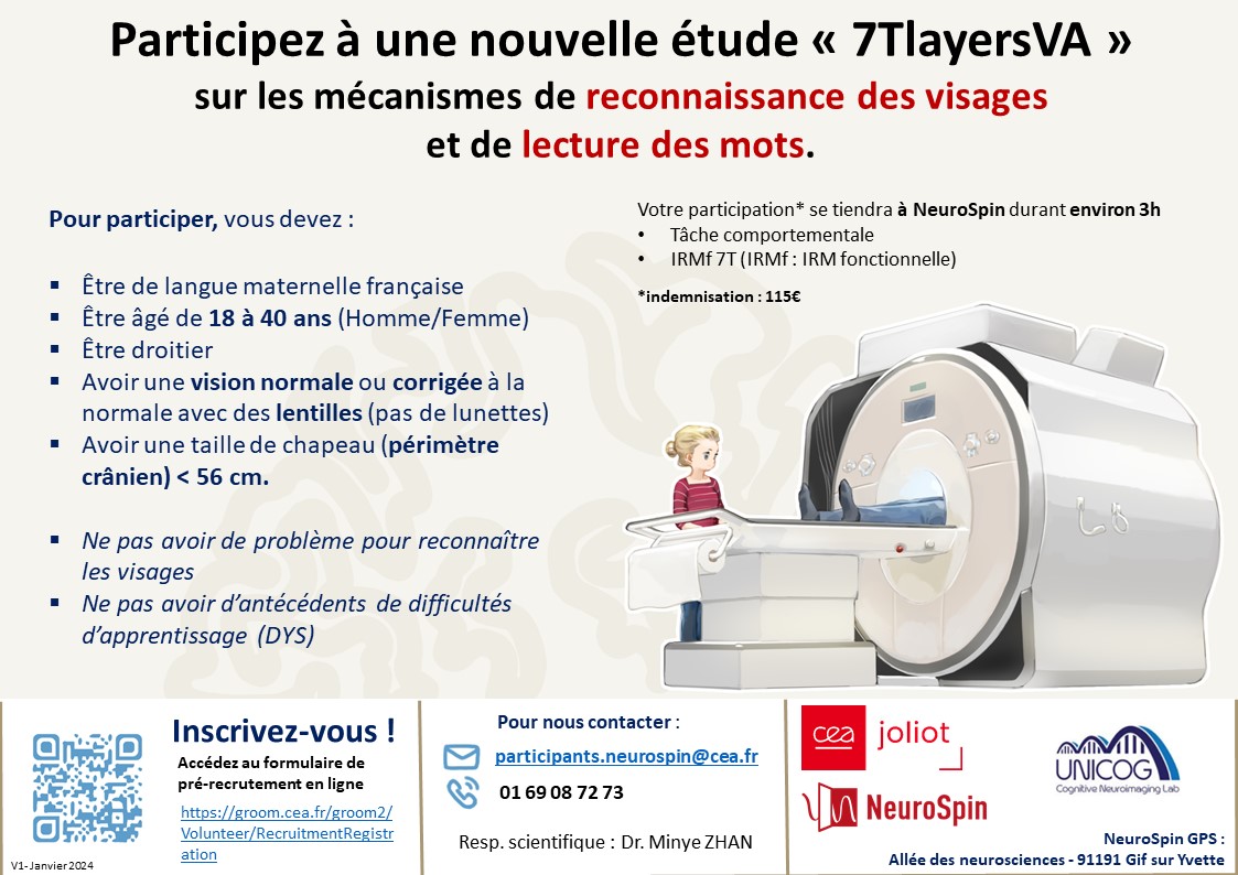 NeuroSpin_91's tweet image. 📢Appel à #volontaires pour participer à l'étude "7TlayersVA" 🧠menée par @zhanminye  #chercheuse à @NeuroSpin_91  @UNICOG1  au @CEAParisSaclay @CEA_Joliot. ➡️Répondez au questionnaire de pré-recrutement : groom.cea.fr/groom2/Volunte…