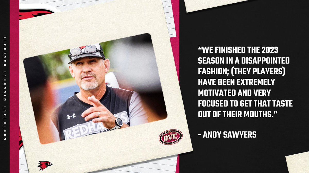 OVCSports's tweet photo. Now in his 8th season, @SEMObaseball coach Andy Sawyers discussed what he loves about this year's Redhawks team. ⚾️

🎥 https://t.co/rrPlwlcQ41
🎧 https://t.co/4GulgrQLFb

#OVCit | #FeelinRowdy https://t.co/aJJOmZNdA3