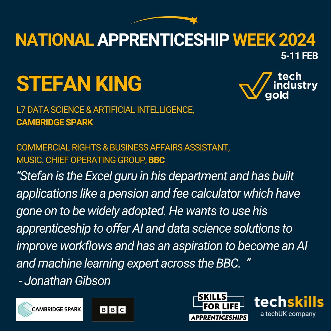 Congratulations to Stefan King, studying at Cambridge Spark and working as a Commercial Rights & Business Affairs Assistant at the BBC. Nominated by Jonathan Gibson for building pension and fee applications that have been widely adopted and for working towards future AI projects!