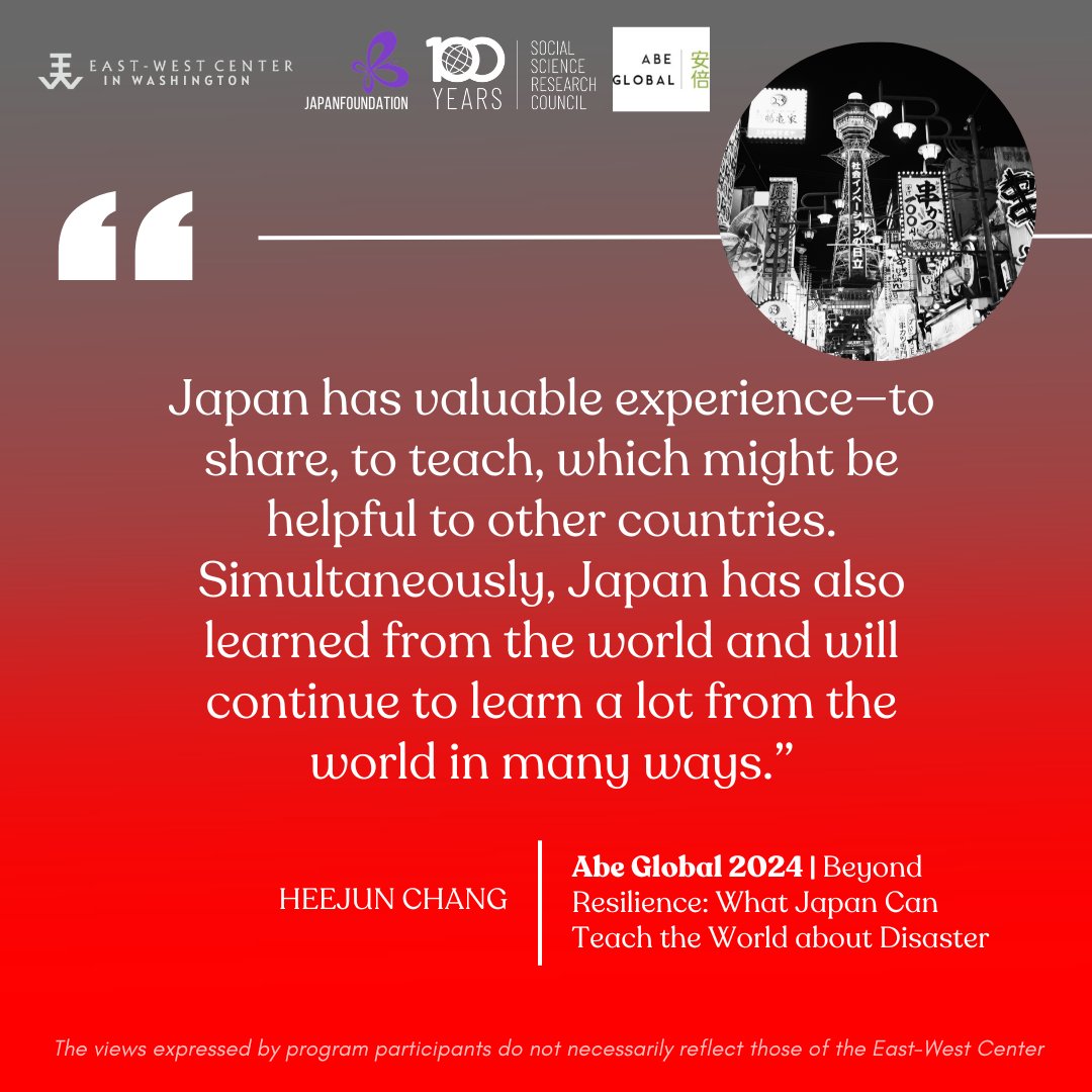 East-West Center in Washington (@ewcinwashington) on Twitter photo During the recent webinar, "Beyond Resilience: What Japan Can Teach the World about Disaster," Professor <a href="/ChangHeejun/">Heejun Chang</a> shared why experience sharing has been a two-way street.
Miss this event? Watch the full recording here: bit.ly/47PBIPl
<a href="/AbeFellowship/">SSRC Abe Fellows Network</a> <a href="/ssrc_org/">SSRC</a> During the recent webinar, "Beyond Resilience: What Japan Can Teach the World about Disaster," Professor <a href="/ChangHeejun/">Heejun Chang</a> shared why experience sharing has been a two-way street.
Miss this event? Watch the full recording here: bit.ly/47PBIPl
<a href="/AbeFellowship/">SSRC Abe Fellows Network</a> <a href="/ssrc_org/">SSRC</a>