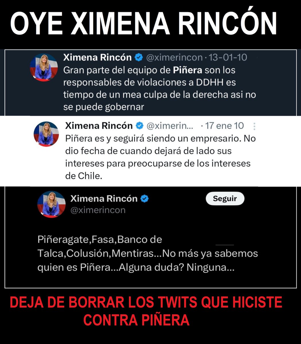 disidenteschile's tweet photo. Oye @ximerincon , deberías dejar de borrar tus twits contra Sebastián Piñera.
Irina Karamanos Funeral de Estado Silvio Rodriguez #Narea Karla Rubilar El PC #Chadwick Gloria Pinto Camila Vallejo Cordero https://t.co/yy31h5hC79