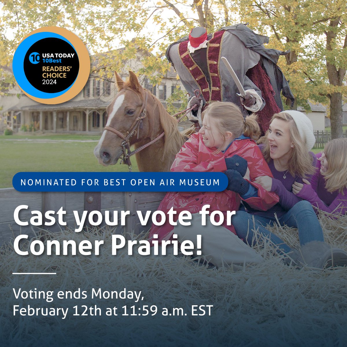 FishersHealth's tweet image. Our very own @ConnerPrarie has been nominated for the title of Best Open Air Museum by @USATODAY10Best! 

Please help #ConnerPrairie claim the top spot by casting your vote here: bit.ly/4960ewP. Nominations are due by Monday, Feb 12.

Every vote counts! #FishersIN