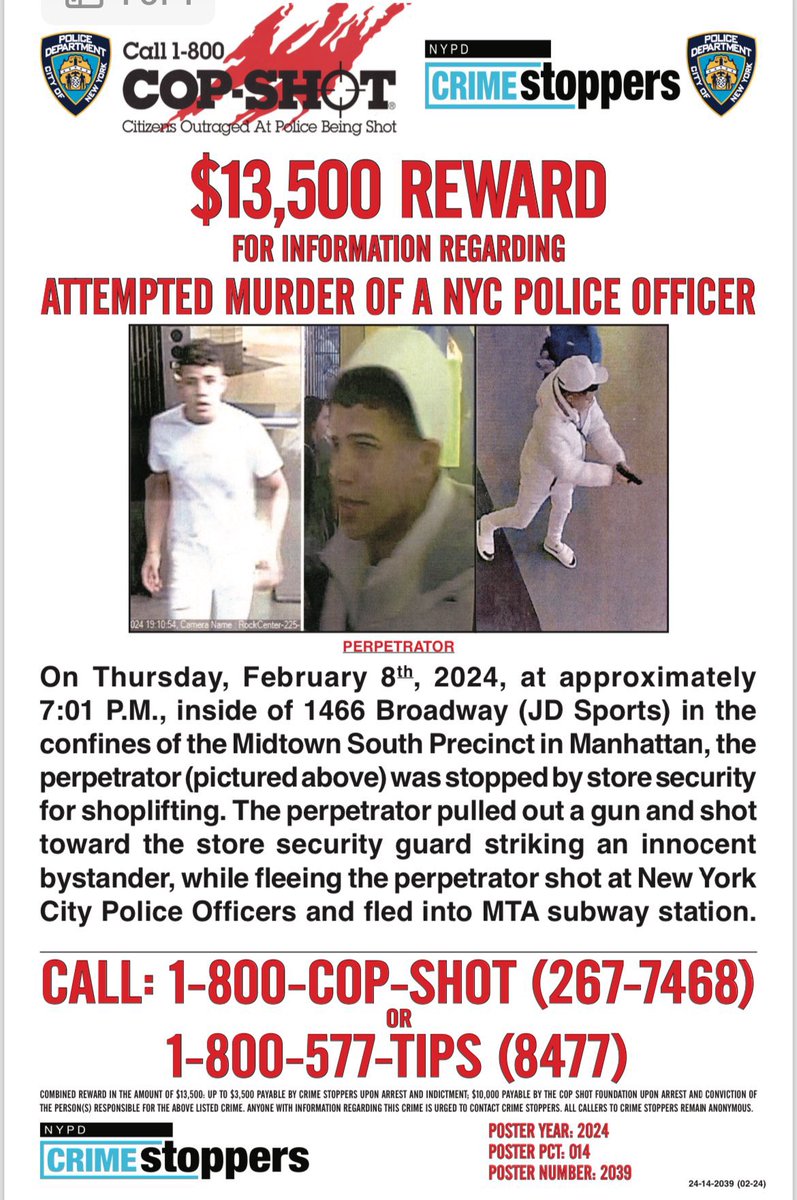 This individual displayed a firearm & shot at security, striking an innocent bystander. While fleeing, he also fired at an NYPD Police Officer. He must be caught. There is a reward of up to $10,000. Any info, DM or call @NYPDTips at 1-800-577-TIPS. All calls are confidential.