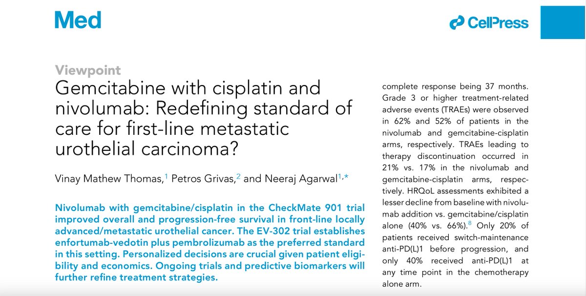 🔥 Our viewpoint article on CheckMate 901 is now out in @MedCellPress. We discuss its findings, how they relate to EV-302, & the importance of personalized treatment. Grateful to mentorship by @neerajaiims and @PGrivasMDPhD! Link to full article 👉 bit.ly/3HVoOVk