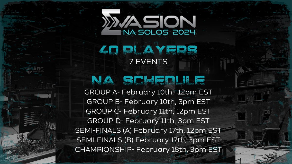 🚨 REMINDER 🚨

The 2024 NA Solos begin TOMORROW! 

👉 📺 twitch.tv/evasion_gg 👈

#EscapefromTarkov <a href="/bstategames/">Battlestate Games</a> <a href="/tarkov/">Escape from Tarkov</a>