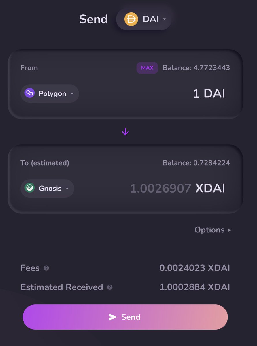 HopProtocol's tweet photo. Want an even cheaper way to move funds cross-chain?

The minimum fee for transfers of DAI into @gnosischain  have been reduced for a limited time!

This is now the cheapest way to bring DAI onto Gnosis Chain.