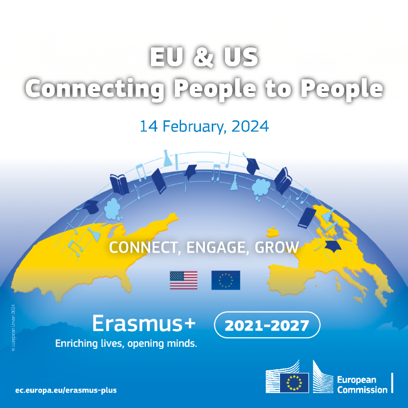 EUErasmusPlus's tweet photo. #ErasmusPlus plays a vital role in academic co-op between 🇪🇺 and 🇺🇸

The Connecting People to People conference happening soon, will gather stakeholders to address the growing prominence of transatlantic exchanges, sustaining the strength of our intercontinental relationship. 🤝