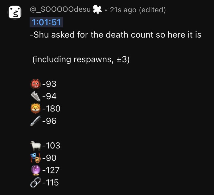 _SOOOOOdesu's tweet photo. Shu asked for it so I manually made the death count in today’s LuxNoc Pico Park collab!!
(including respawns, ±3)

👹-93
👟-94
🦁-180
🖋-96

🐑-103
🎭-90
🔮-127
🔗-115

#Yaminow https://t.co/5OCP7P7Z26