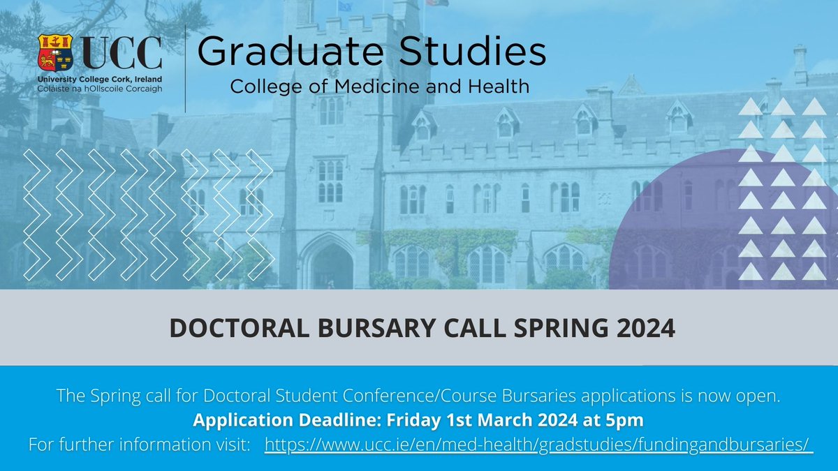 Graduate Studies @UCCMedHealth invite applications for the Spring 2024 Doctoral Bursary call to support participation at conferences/courses. Details and application form: ucc.ie/en/med-health/… Deadline: Friday 1st March 2024