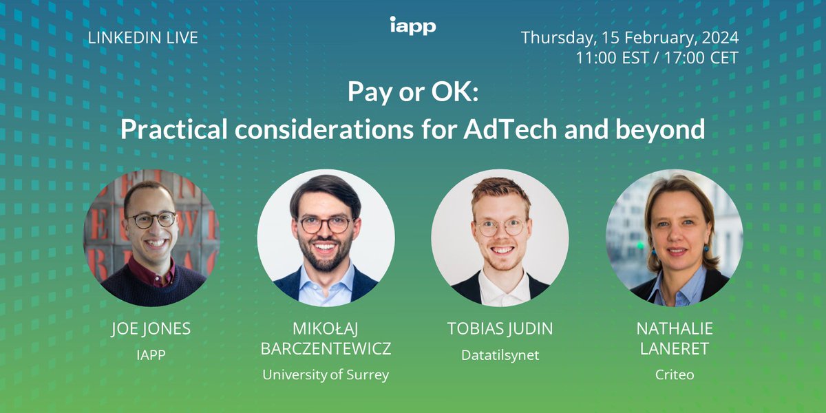 Next Thursday IAPP's @JoeGTJones will moderate a discussion with @NathalieLaneret (@criteo), @tobiasjudin (@Datatilsynet) and @MBarczentewicz (@LawAtSurrey). They will explore recent developments impacting #adtech and digital content. Register now: bit.ly/3ODGKaC