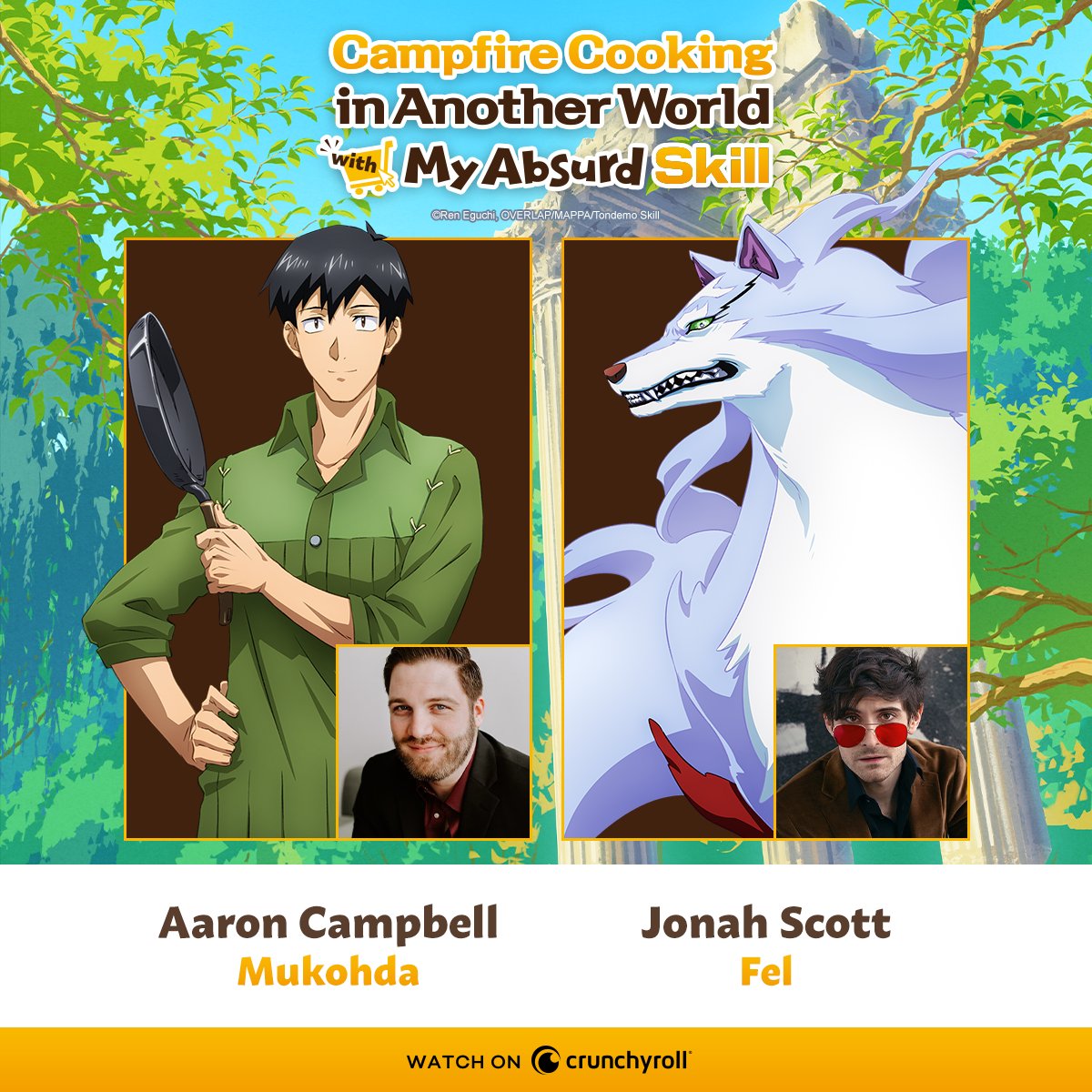 Crunchyroll's tweet photo. It's time to get cooking. Campfire cooking, that is! 🔥 The entire English dub of Campfire Cooking in Another World with My Absurd Skill drops tomorrow on Crunchyroll!

Mukohda - @AaronCampbellVO
Fel - @ImMrTransistor

✨ CAST &amp; CREW: https://t.co/SfLf0ERJOq https://t.co/YcGujqf48i