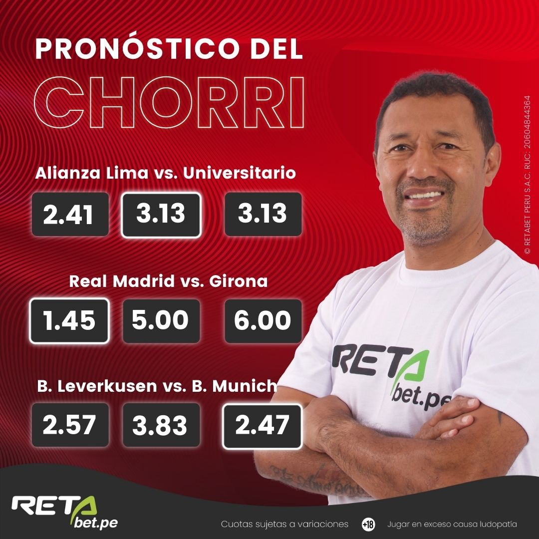 RETAbet_pe's tweet photo. Las FIJAS del @chorri_palacios para este SÁBADO futbolero ⚽
El ex 10 de la ‘Bicolor’ vislumbra entre #AlianzaLima y #Universitario, y las victorias del #RealMadrid y #bayernmunich
¿Cuáles son tus conclusiones en este ‘hat trick’ de partidos? https://t.co/o8KKFeTFkm