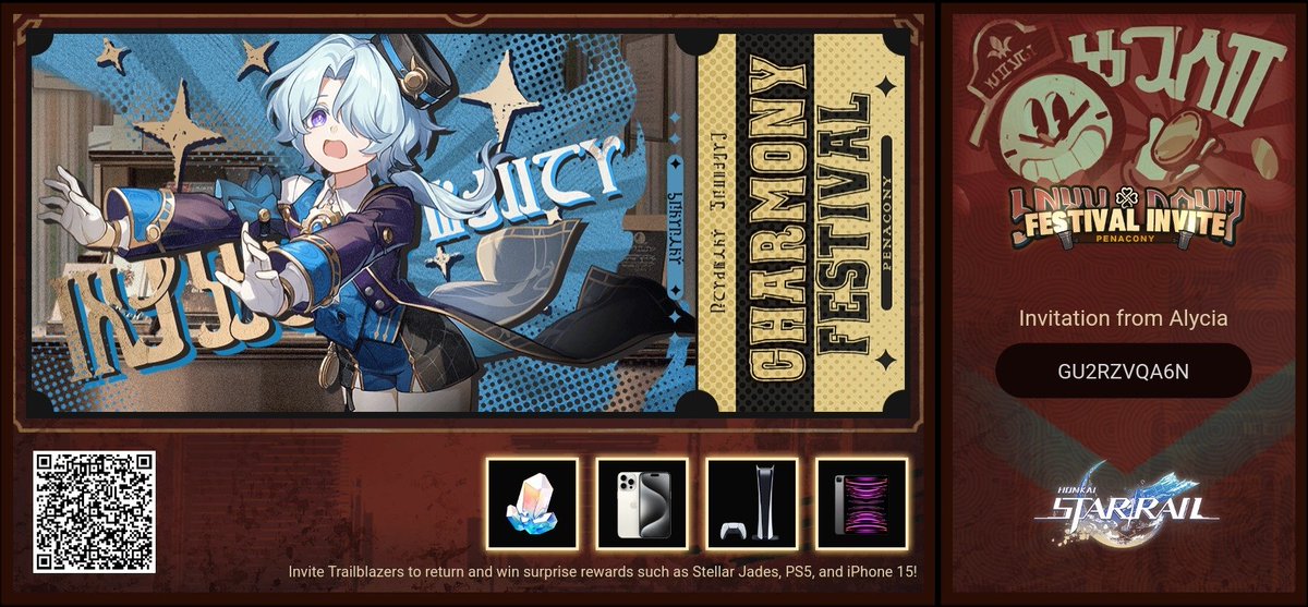 DatRedMage's tweet photo. Invite Trailblazers to return and win surprise rewards such as Stellar Jades, PS5, and iPhone 15! https://t.co/5cJ6MXIemo
