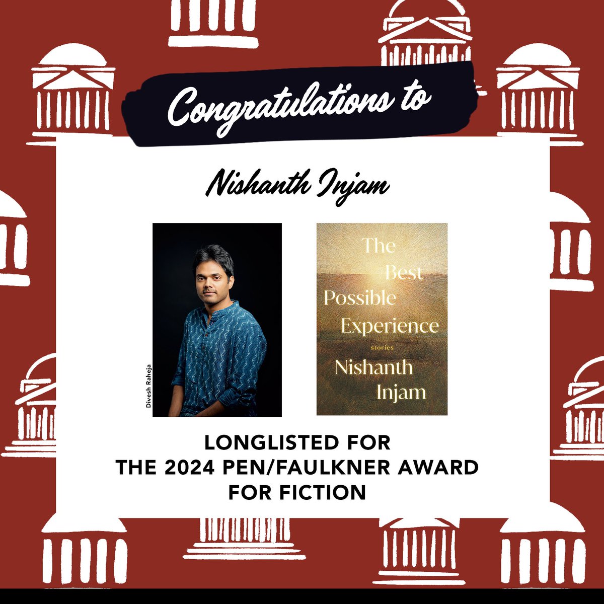 Pantheon Books (@pantheonbooks) on Twitter photo 🌟📚 THE BEST POSSIBLE EXPERIENCE by <a href="/NishanthInjam/">Nishanth Injam</a> is longlisted for the 2024 Pen Faulkner Award for Fiction! Dive into stories that explore home & identity across India and its diaspora. A must-read debut! 🇮🇳💫 #PenFaulknerLonglist
penfaulkner.org/2024/02/06/ann… 🌟📚 THE BEST POSSIBLE EXPERIENCE by <a href="/NishanthInjam/">Nishanth Injam</a> is longlisted for the 2024 Pen Faulkner Award for Fiction! Dive into stories that explore home & identity across India and its diaspora. A must-read debut! 🇮🇳💫 #PenFaulknerLonglist
penfaulkner.org/2024/02/06/ann…