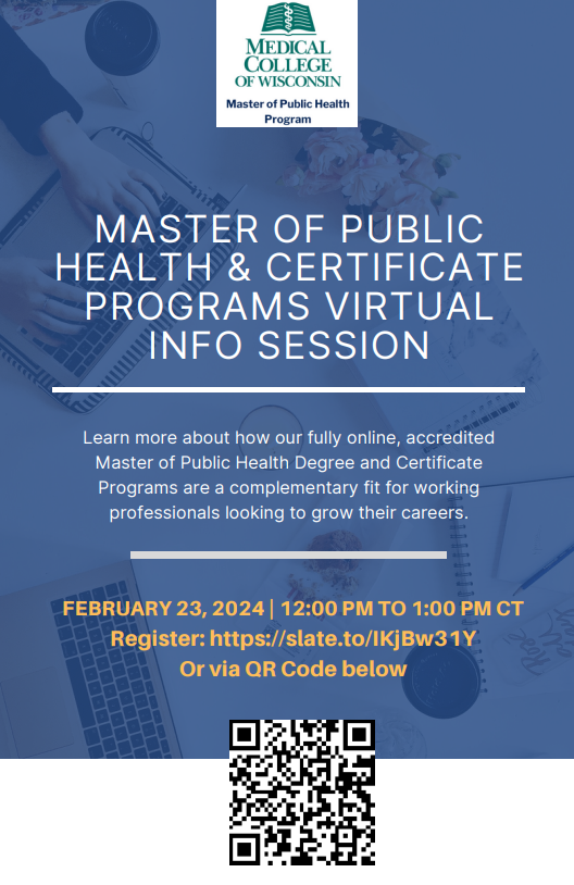 Grow your career in public health! Join MCW's MPH virtual open house on Feb 23, 12-1pm CT. Learn about our fully online MPH & Certificate programs, curriculum, career opportunities, and more. slate.to/IKjBw31Y