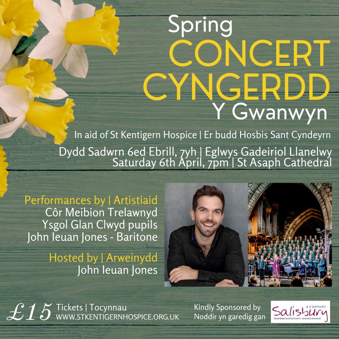 To celebrate Welsh Language Music Day we are excited to invite you to our Spring Concert!🌻 Purchase tickets online here eventbrite.co.uk/e/spring-conce… Kindly sponsored by @SalisburysUK 🕕 Door open 7:00pm 📍 St Asaph Cathedral 📅 Saturday 6th April 2024 🎶 Tickets £15 #Miwsig