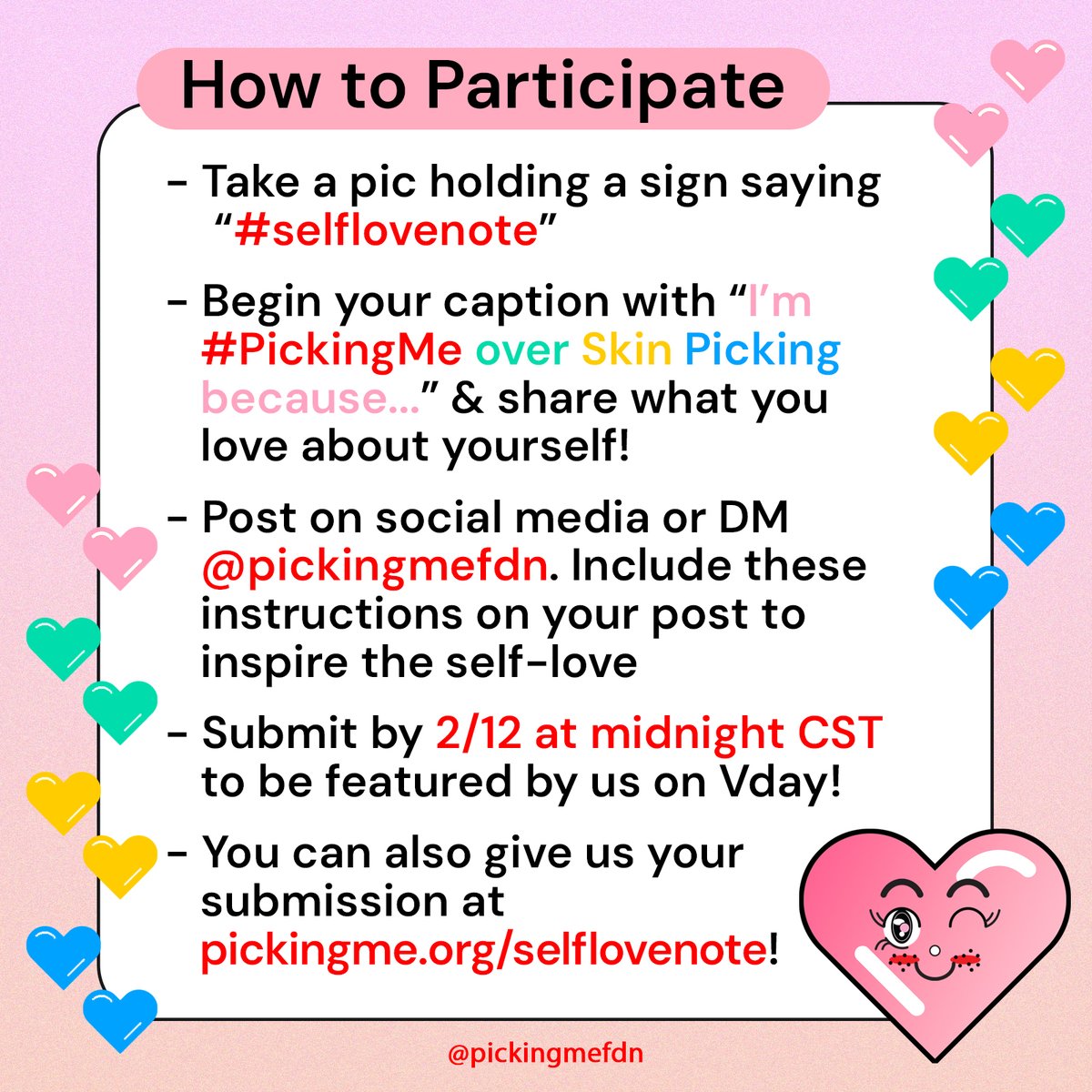 PickingMeFdn's tweet photo. There's still time to submit to our 6th annual #SelfloveNote #ValentinesDay challenge! Are you excited to spread the #selflove fam?! #SkinPickingDisorder https://t.co/CrQrepYwY9
