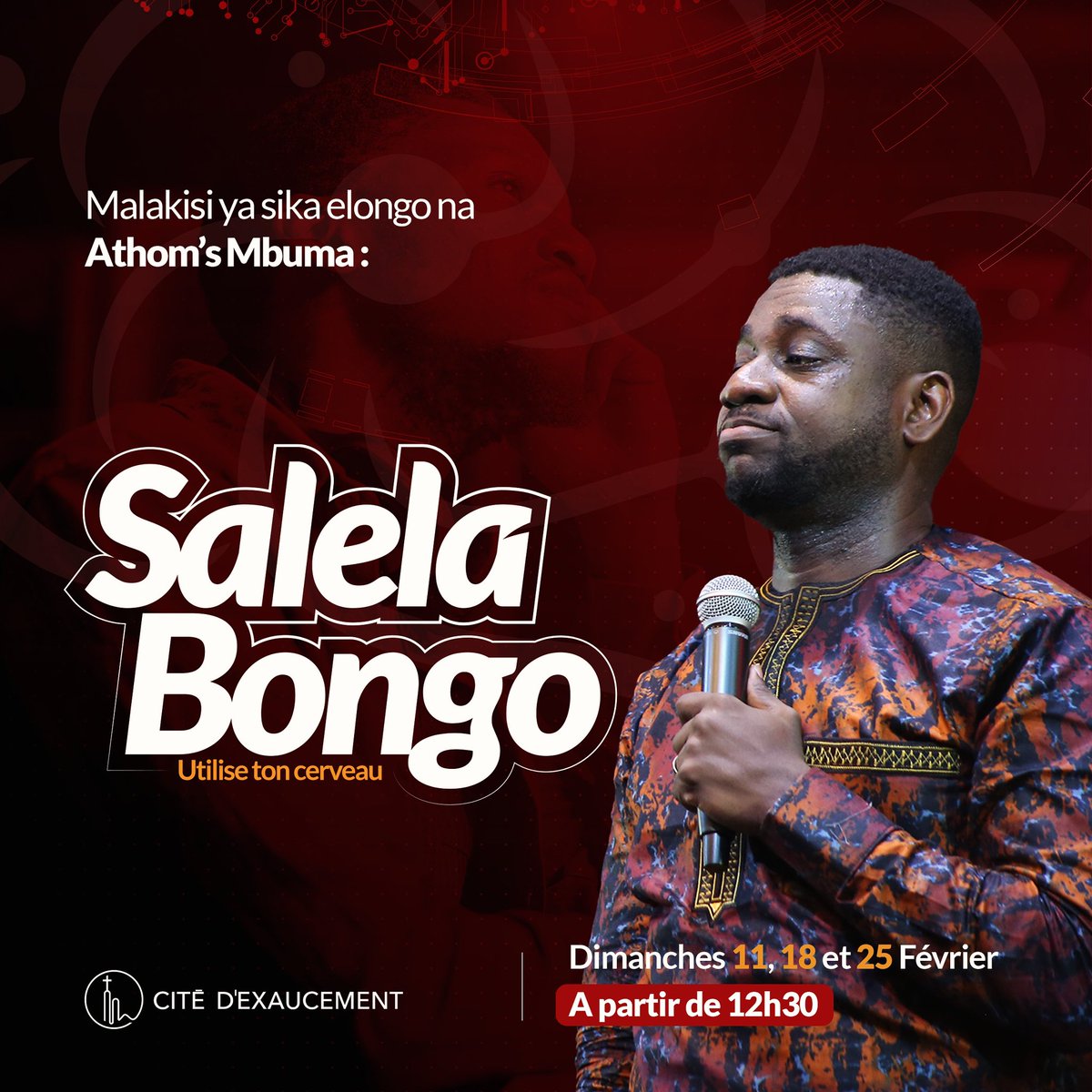 SALELA BONGO🧠

Tozo banda ngo dimanche oyo na mayangani ya misatu 
Bengisa ba mista tout, ba ndeko ya famille, naba yaya nioso ya quartier. 

To monana dimanche na pray 
3ieme culte oyeee ✊🏾 

#philacitédexaucement #culteyalingala
#salelabongo #mayanganiyalingala #athomsmbuma