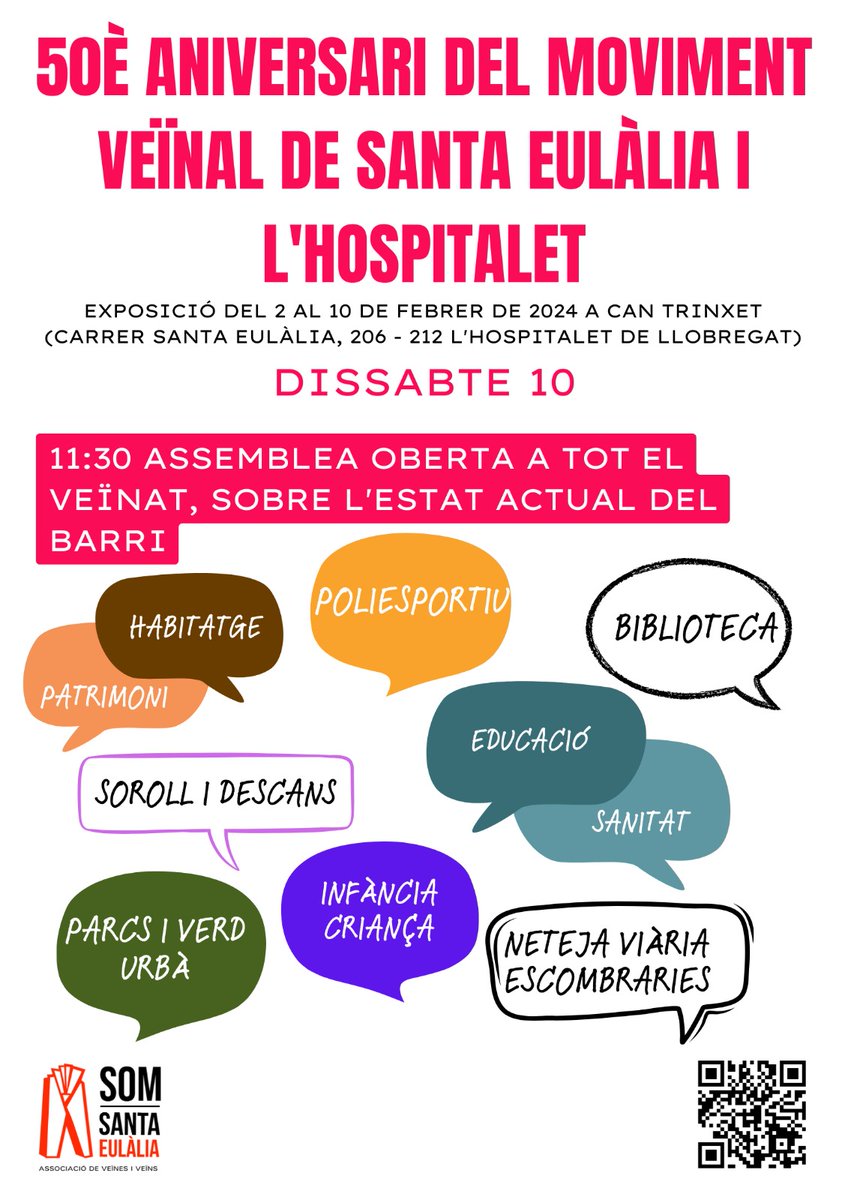 AVVSomSEulalia's tweet photo. Després d'una setmana ben intensa, demà dissabte finalitzen els actes de commemoració dels #50AnysMovimentVeïnal de #SantaEulàlia i #LHospitalet, amb un exercici pràctic d'acció veïnal.

- 10h Assemblea General (socis/es)
- 11:30h Assemblea veïnal oberta (veïnat)

A #CanTrinxet😍 https://t.co/BCEHR2WZp2