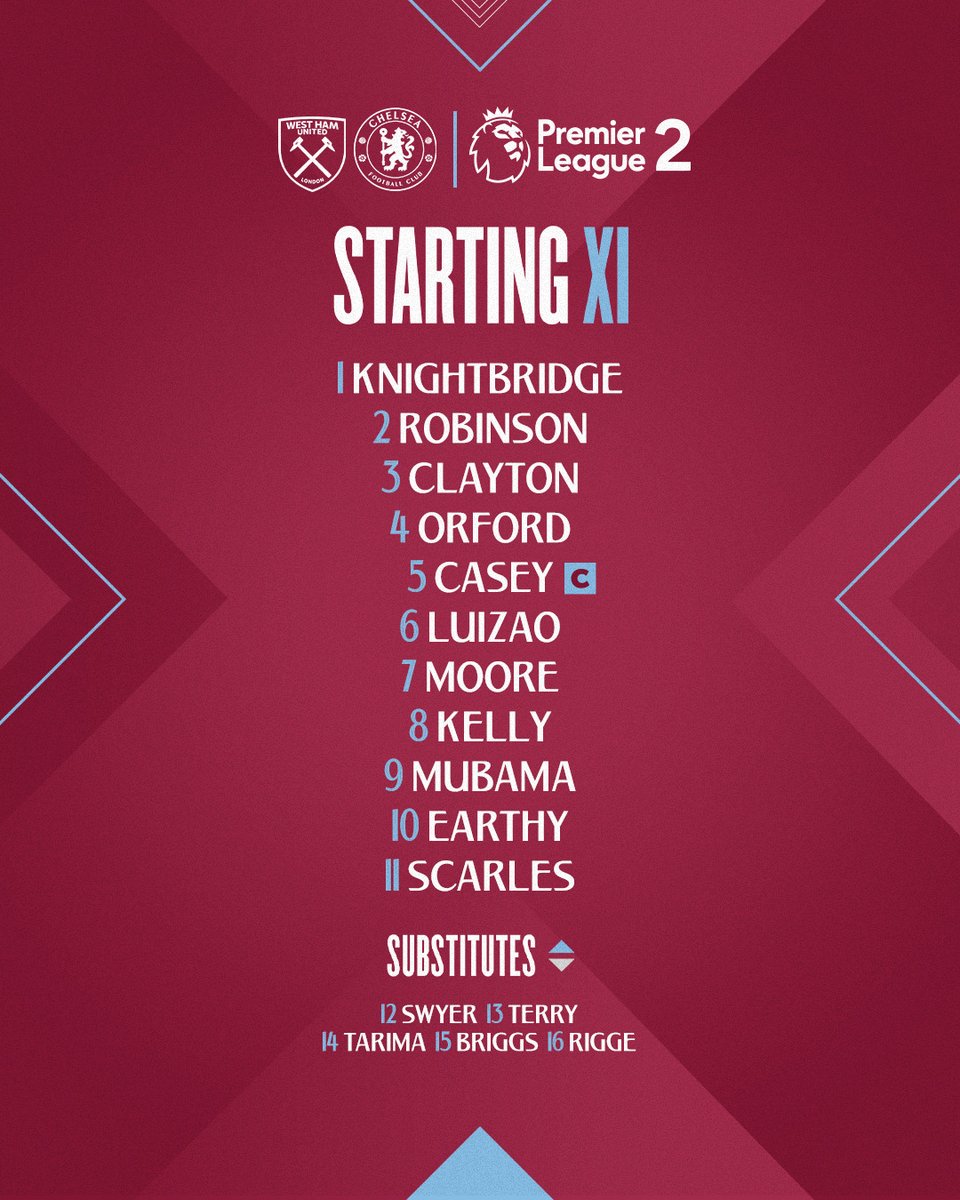 WestHam's tweet photo. Our U21s welcome Chelsea to Rush Green Stadium this evening in Premier League 2 action ⚒

Here's how the development side line up! https://t.co/B44ulgTO6e