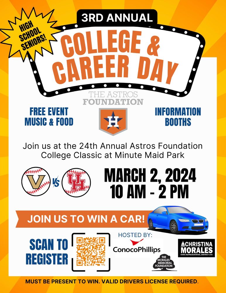 📣 Only 22 days until our annual College &amp; Career Day for high school seniors! Join us along <a href="/astros/">Houston Astros</a> foundation, and <a href="/conocophillips/">ConocoPhillips</a> on March 2nd, 2024, at Minute Maid Park for free food, music, giveaways, and a chance to win a free car! Register now: astrosyouthacademy.com/events/4146229…