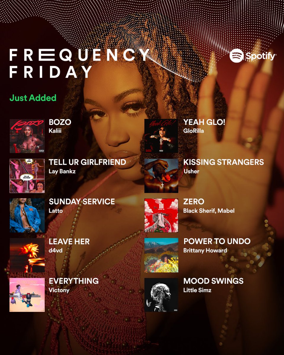 10 new, must-have songs. No searching needed, we got you 🔊 #FrequencyFriday feat. @kaliii @bankerrz @Latto @d4vddd @vict0ny @GloTheofficial @Usher @blacksherif_ @Mabel @blkfootwhtfoot @LittleSimz + more 🔊: spotify.link/ThisIsFrequency